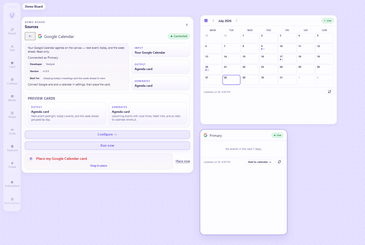 A connected Google Calendar card and its source settings panel