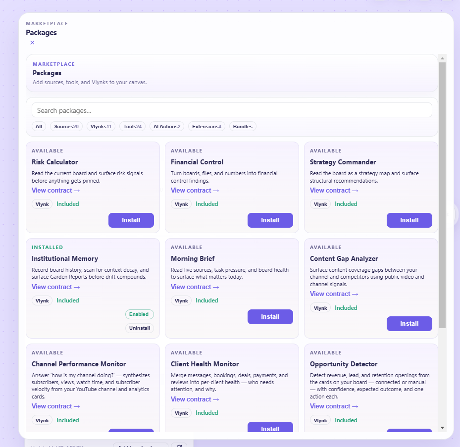 The Marketplace, showing installed and available Vlynks